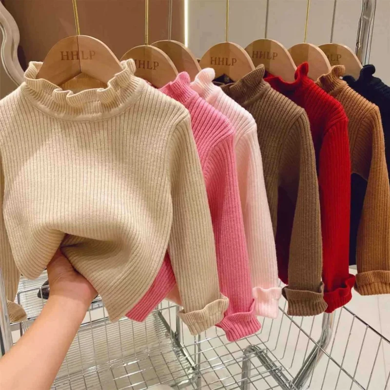 Girls' Bottoming Sweater Spring and Autumn New Baby Sweater Western Style Wooden Ear Mid Collar Children's Top