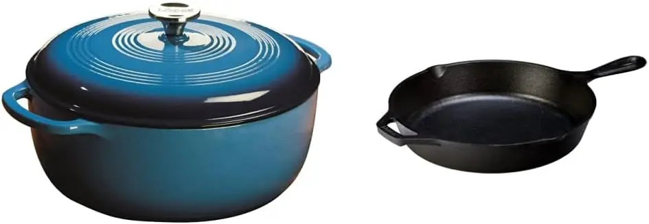 

Enameled Cast Iron Dutch Oven, 7.5-Quart, Caribbean Blue & 10-1/4-Inch Pre-Seasoned Skillet
