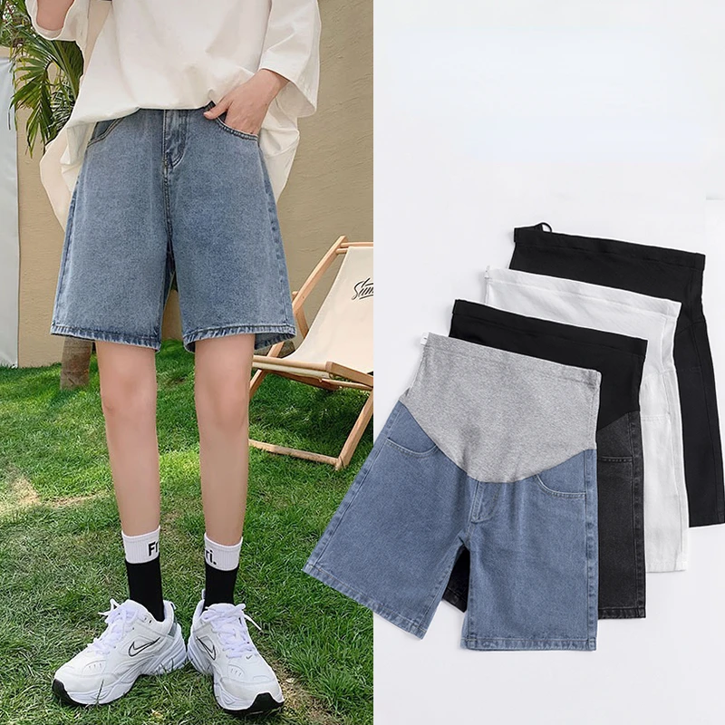 Korean Style Pregnant Woman Denim Shorts High Waist Side Stripe Patchwork Maternity Cotton Trousers Adjustable Waist Short Jeans