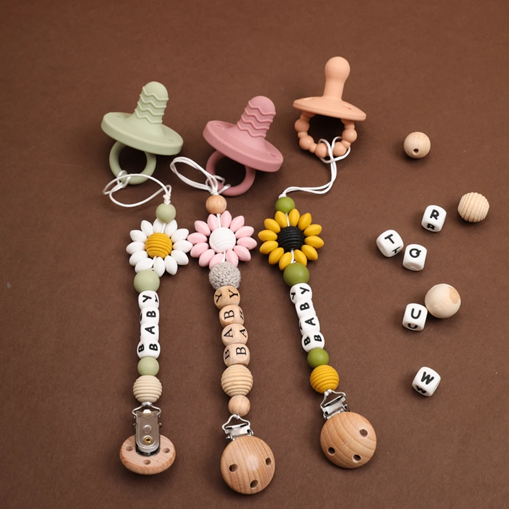 Baby Handmade Sunflower Pacifier Chain Dummy Nipples Holder Clips Babies Silicone Teething Chain Gifts for Cute Baby Accessories