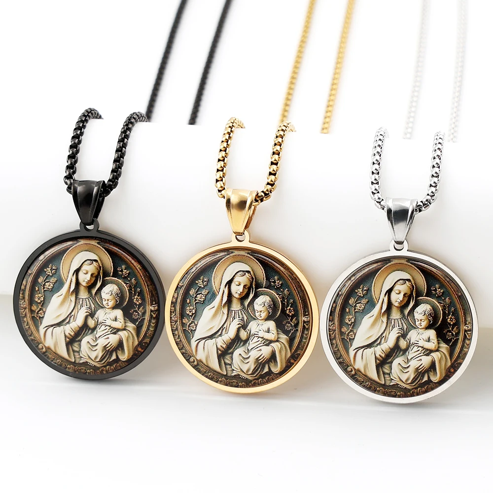 Runde Medaillon-Halskette mit Jungfrau Maria und Jesuskind aus Glas für Damen und Herren, Edelstahl, goldfarben, katholischer Schmuck-Amulett