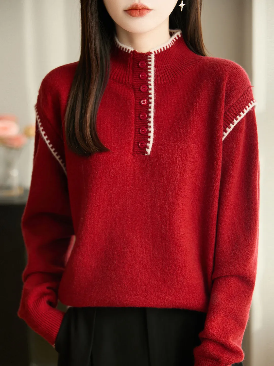 

Ladies Faionable Knitted Sweater with Button Stand Collar Red Color for New Year And Chinese Zodiac Year Thiened Long Sve