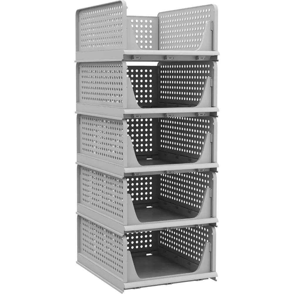 

5 Pack Folding Closet Organizers Storage Box, Stackable Plastic Drawer Basket for Clothing, Stackable Storage Bins Shelf Storag