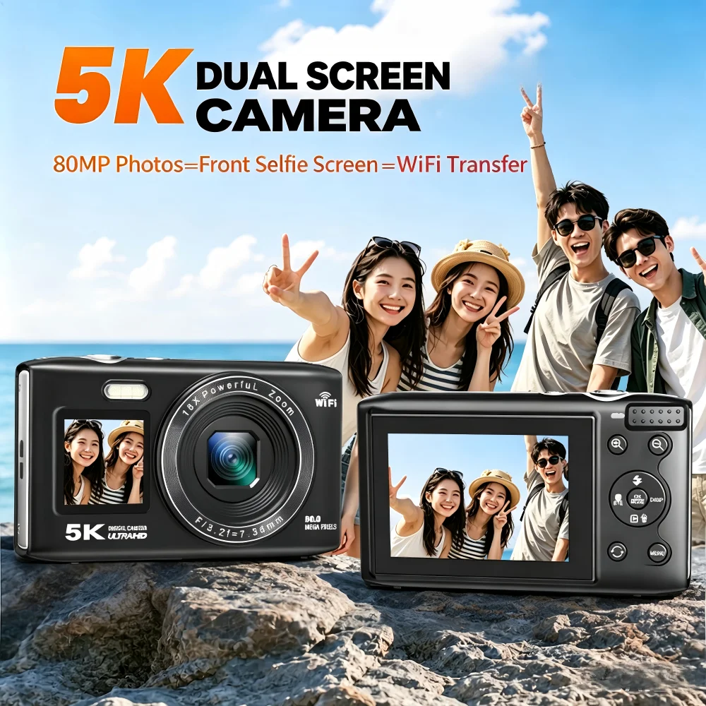 5K CCD Camera for Students: Front and Rear Dual Screens for Selfies,Beauty Mode,HD 80MP WIFI Digital Camera