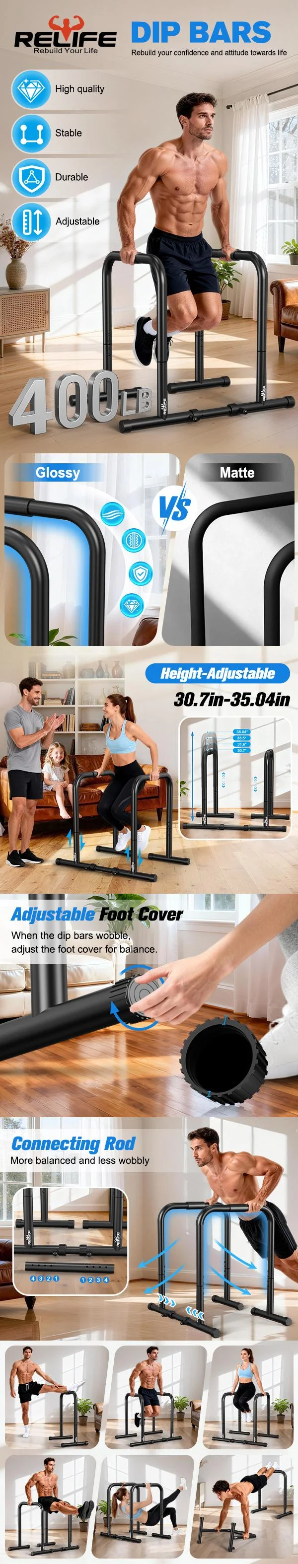 RELIFE Verstellbare Dip-Bar-Station, 400LB Tragkraft, Hochbelastbare Parallelstangen, Heimfitness Calisthenics Krafttrainingsgerät – Detail 1