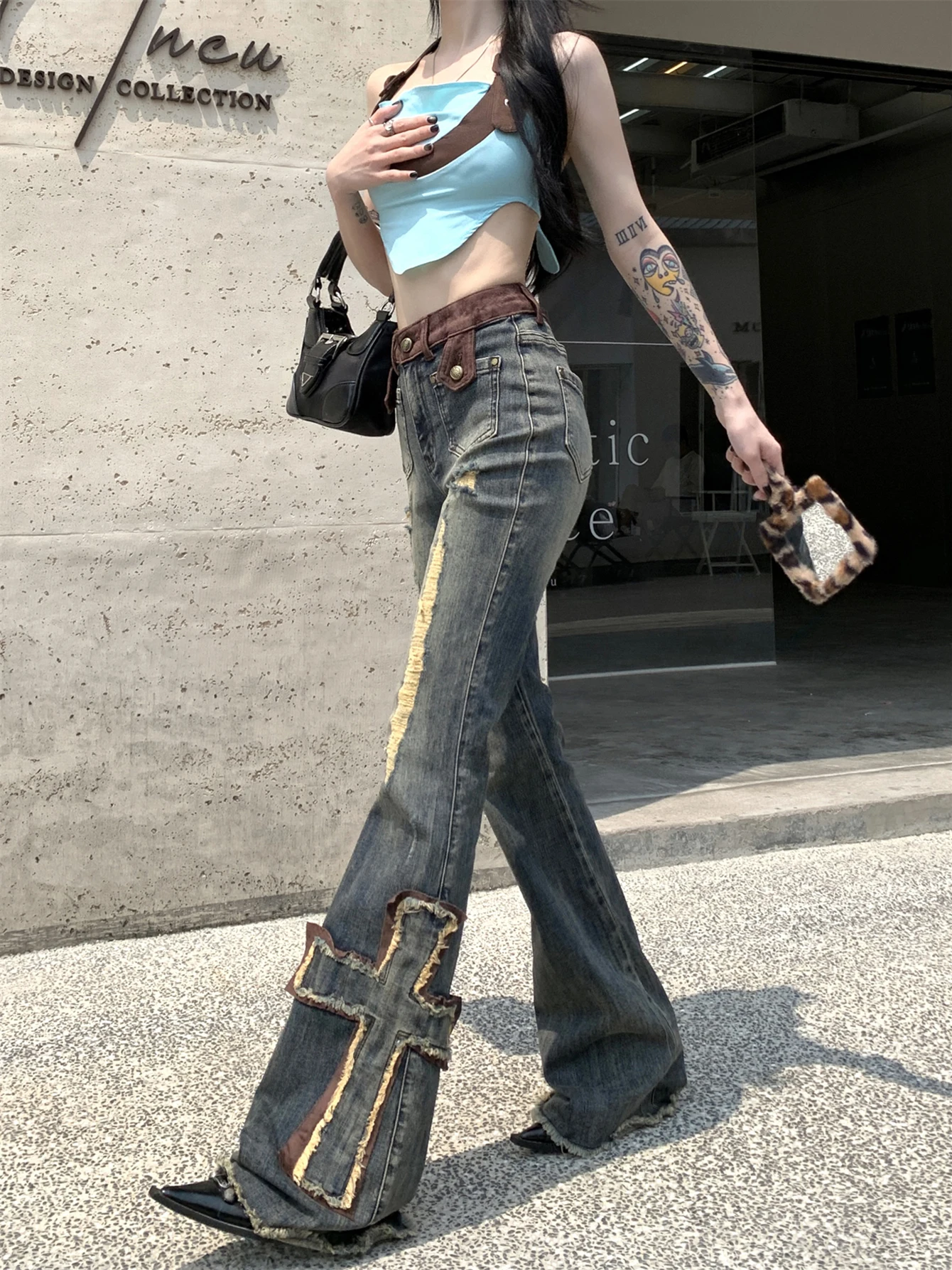 ReddaChic Cross Patchwork Bootcut Pants for Women Destroyed High Rise Slim Trousers Y2k Flare Jeans 90s Retro Korean Streetwear