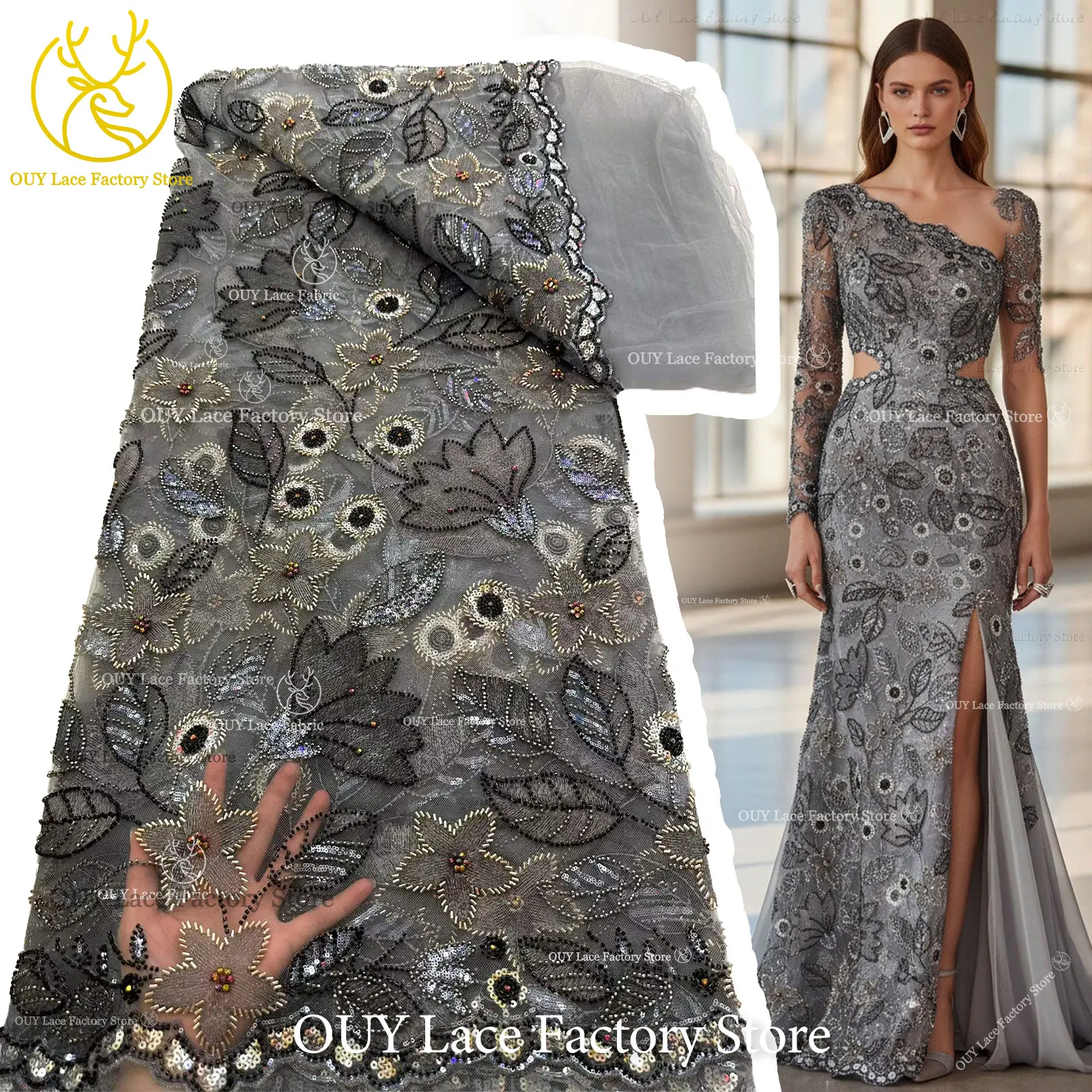 

New Style Groom Beaded Embroidery Lace Fabric 2026 Silver Tulle Sequins Lace Fabric African Mesh Wedding Evening Dress Sewing