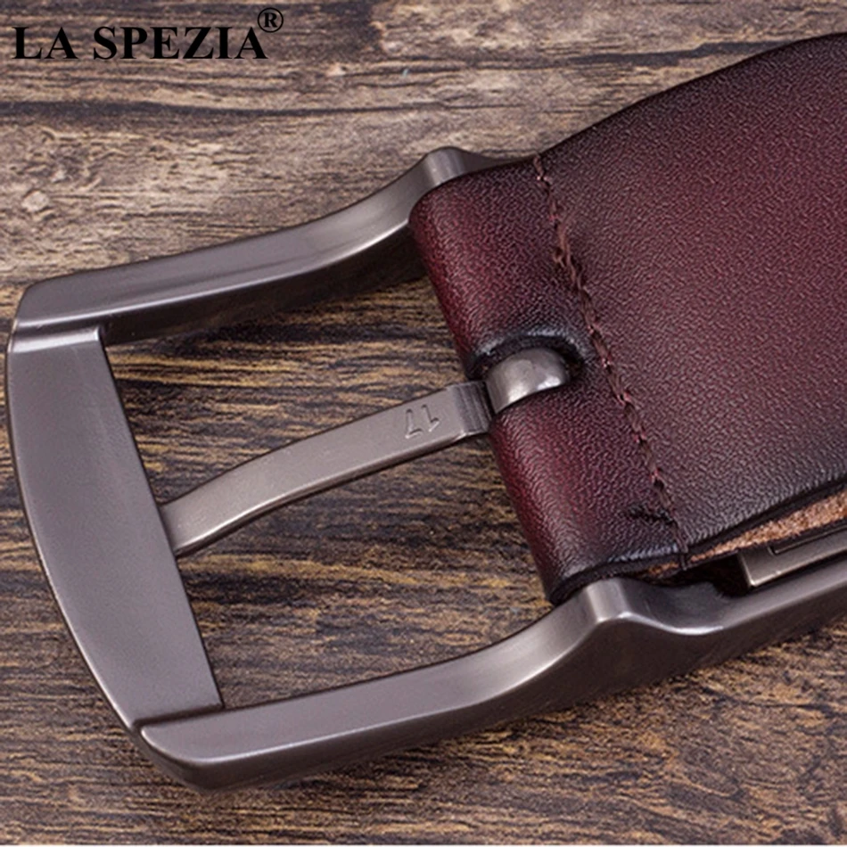 LA SPEZIA-Cinturón de cuero genuino para hombre, Correa con hebilla de Pin de café, letras clásicas de marca, sólido, Casual, de cuero de vaca Real, 130cm