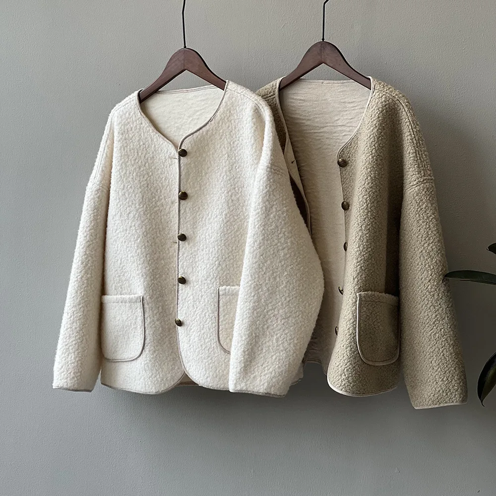 Cappotti autunnali da donna cappotto con giacca a bottone singolo Feminino Fashion Fleece top a maniche lunghe per donna cappotto Beige High Street