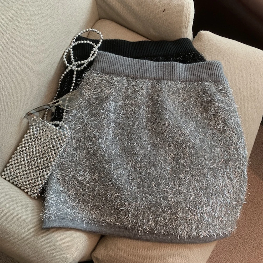 

Fashionable Shiny Silk Knitted Pencil Skirt Women's Autumn Winter Elegant Versatile Elastic Waist A-Line Female Midi Skirt