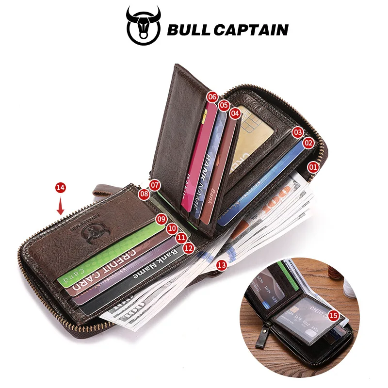 محفظة بسحاب أفقي من الجلد الطبيعي للرجال مع فتحات متعددة وحامل بطاقات عمل ومحفظة عمل مربعة خفيفة ورقيقة #4