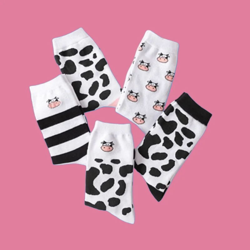 

5/10 Pairs New Fashion Cow Pattern Spotted Socks Sweet Cartoon Women's Cotton Casual Socks Pure Color Cotton Socks