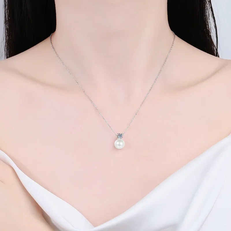 Natural Pearl 0.5 Carat Real Moissanite Pendant Necklace For Women 100% 925 Sterling Silver Wedding Party Bridal Fine Jewelry