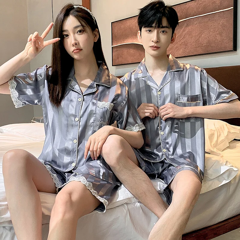 Summer Couple Pajamas Ice Silk Short Sleeves Bear Cartoon Cute Man and Woman Matching Outerwear Homewear pijamas para parejas
