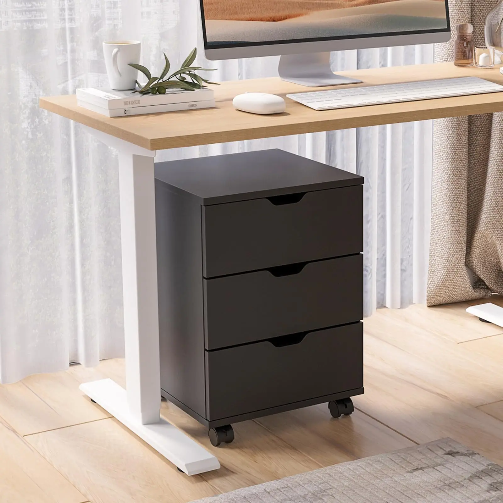 Black 3 Drawer Mobile File Cabinet, Matte Handleless Rolling Storage Cabinet with Wheels, Under Desk Filing Organizer