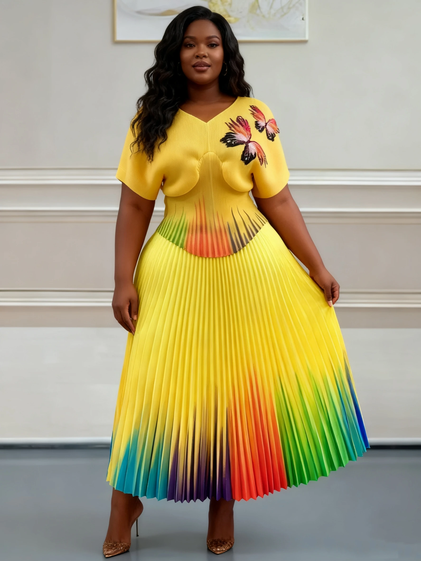 Plus-Size Two-Piece Skirt Set Miyaki Dress Cross-Border Hot-Selling Short-Sleeve Batwing Sleeve V-Neck Printed Gradient Color-Blocking Pleated Skirt Slim-Fit Waist-Cinching High Elasticity
