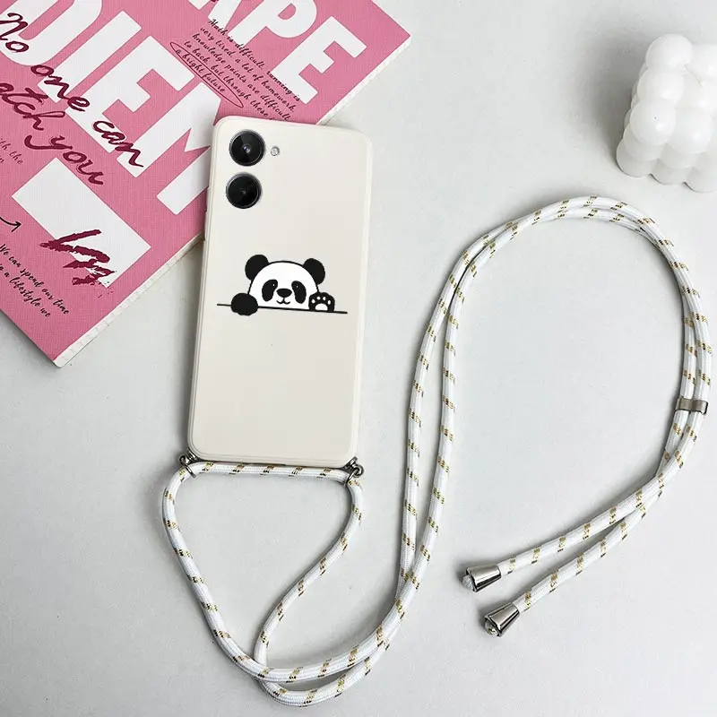 1 0 Polite Panda Lanyard Silicone Phone Case For Realme 10 10T 10Pro 10ProPlus 12 12Pro 8Pro 9Pro C25 C35 C65 C53 C67 Cover