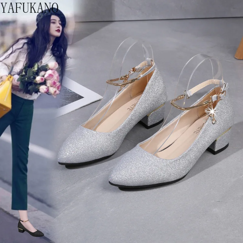 Women Wedding High Heel Shoes Silver Black 2024 Spring Ankle Strap Crystal Shallow Chunky Block Heel Pumps Lady Plus Size