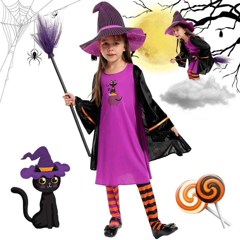 

4 Pieces Witch Clothing Set Dress+Hat+Jacket+Socks Girls Halloween Wizard Costume School Stage Performance Costume