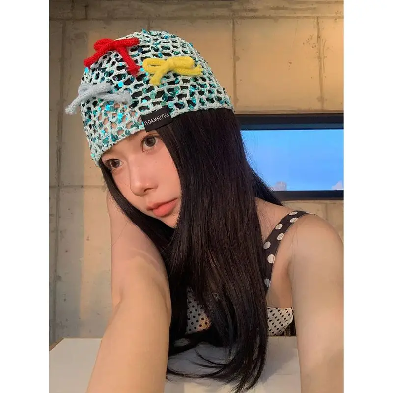 Y2k Sequin Bow Knit Toe Cap Decor Fishing Net Hat Handmade Sequin Hollow Breathable Fashion Spring Summer Pullover Woolen Hat