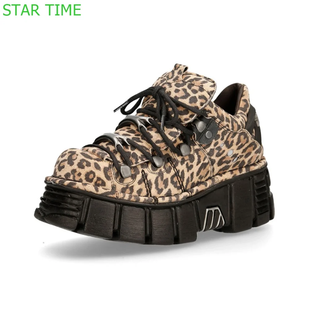 Platform Leopard Print Lace Up Shoes 2024 New Casual Punk Round Toe Fashion Women 35-45 Short Boot