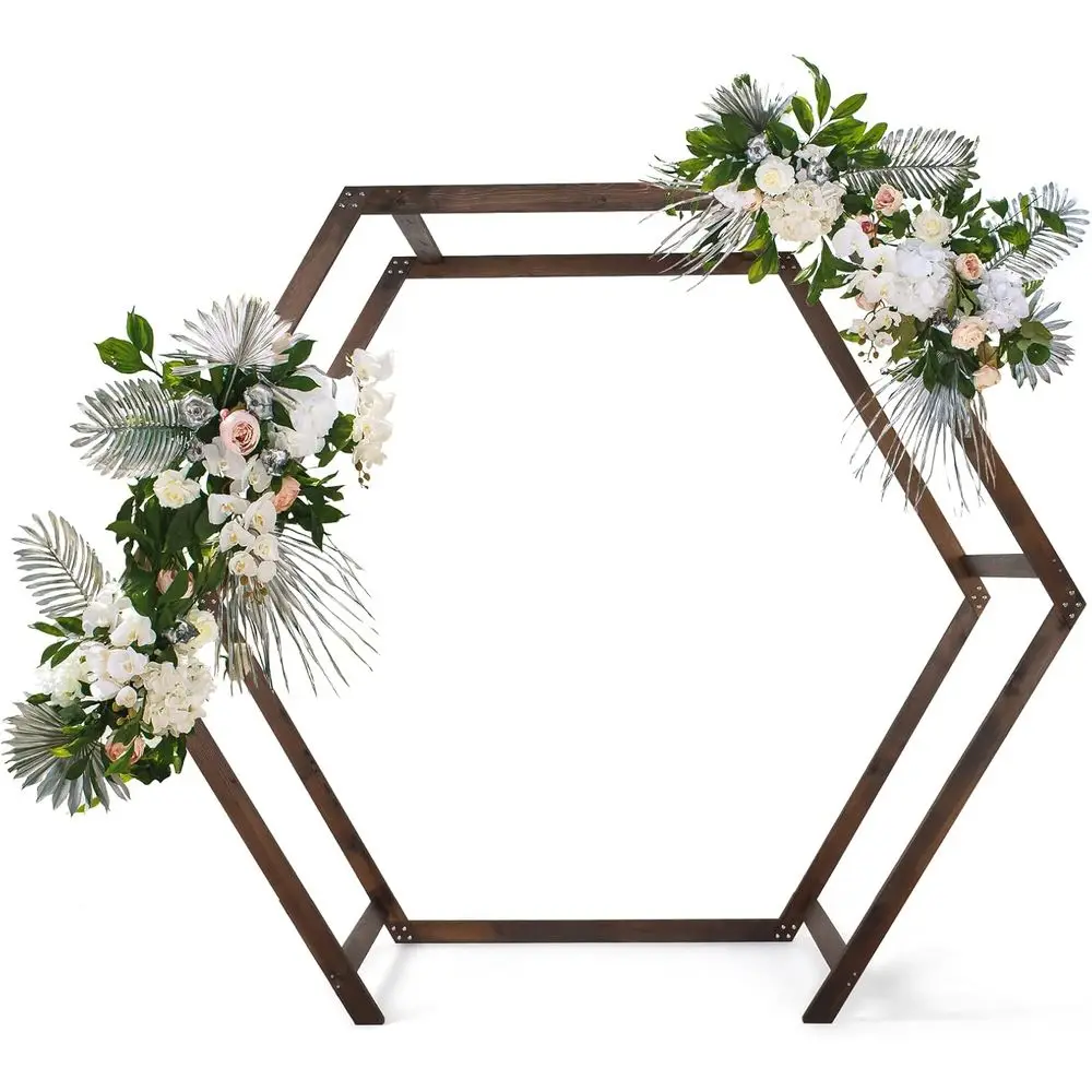 

Wooden Wedding 7T Arbor, Arch or Ceremony, Heptagonal Photo Backdrop Stand Parties, Garden Decorations, Backyard Wood color (WAR