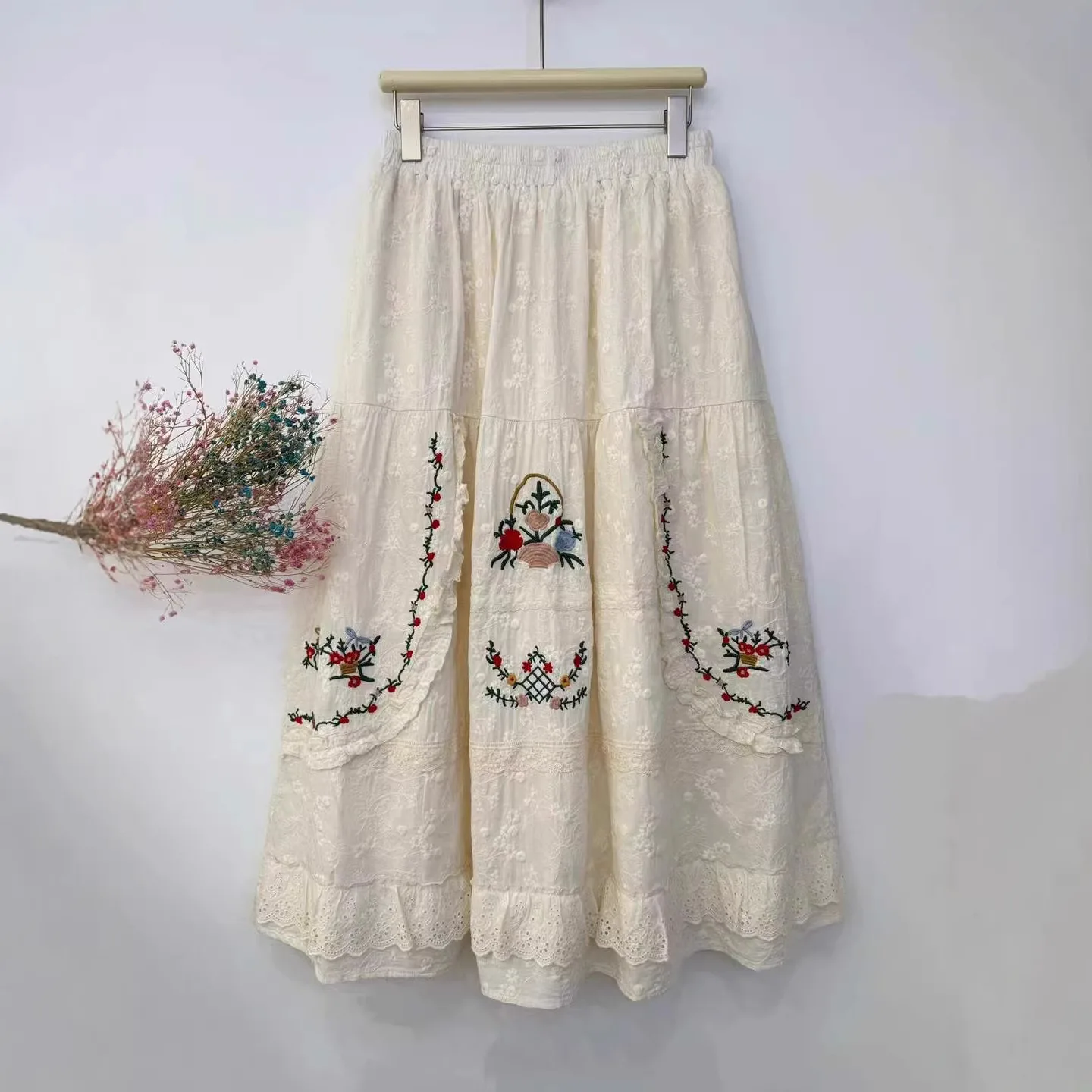 Japanese Sweet Mori Girl Cartoon Flower Printed Cotton Skirts Women Cute Elastic Waist Casual Loose A-Line Long Skirts