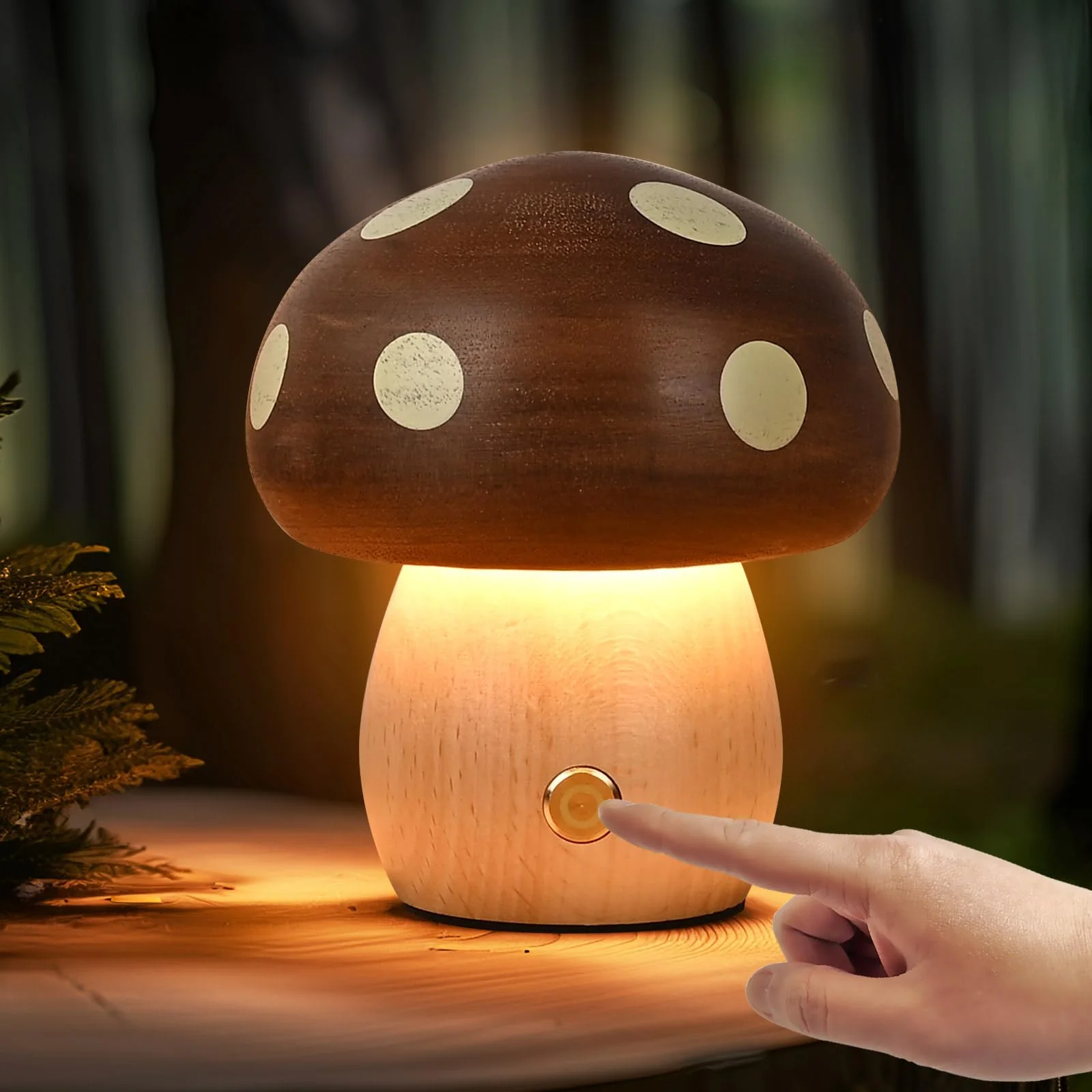 

Wooden Small Mushroom Desk Lamp Touch Switch Dimmable Table Lamp Rechargeable Portable Night Light for Nightstand Living Room