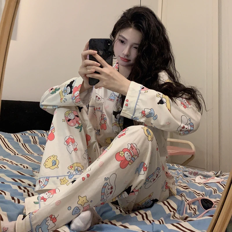 

Kawaii Sanrio Character Collection Pajamas Woman Anime Cartoon My Melody Pochacco Student Long Sleeves Loungewear Pajamas Set