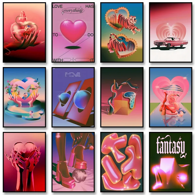 Abstract Classic Disco Style Poster Print Pink Flowers Canvas Painting Vintage Wall Art Picture for Modern Room Home Decorati