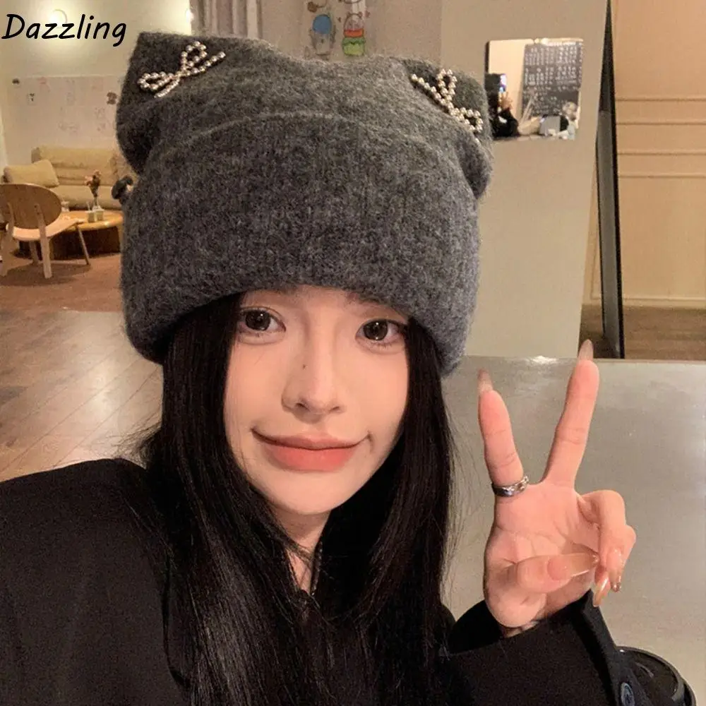 

Keep Warm Sweet Cool Cat Ears Beanie Hat Fluffy Ear Protection Knitted Pullover Hat Bow Streetwear Winter Wool Hat Girls