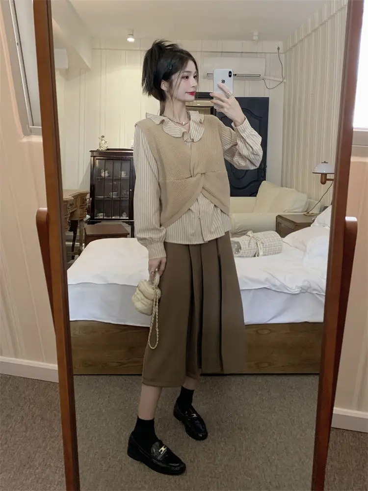 

New Single-Piece/Two-Piece Set V-Neck Knitted Vest Solid Color Long-Sleeved Shirt Women Irregular Design Loose Top