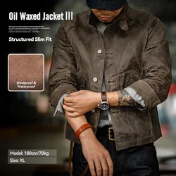 Maden chaqueta vintage de cuello alto en lona encerada a prueba de viento, chaqueta masculina de caza clásica en color sólido, versátil para el otoño, con ajuste ajustado y diseño firme al estilo motociclista