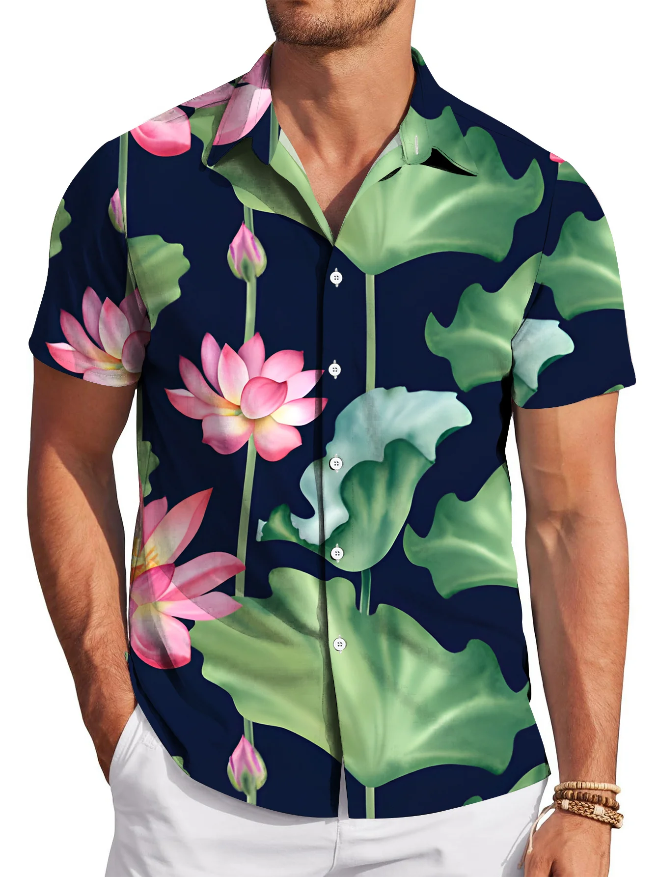 Men's Bohemian Short Sleeve Shirt - Full-Body for Lotus & Leaf Print, Navy Blue with Pink Floral, Re Fit Button-Up Casual Shirt