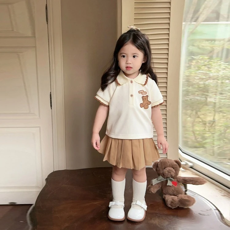 Girls College Style Two Piece Set Short Sleeve Polo Shirt Pleated Skirt Medium Little Kids Casual Versatile Outfit
