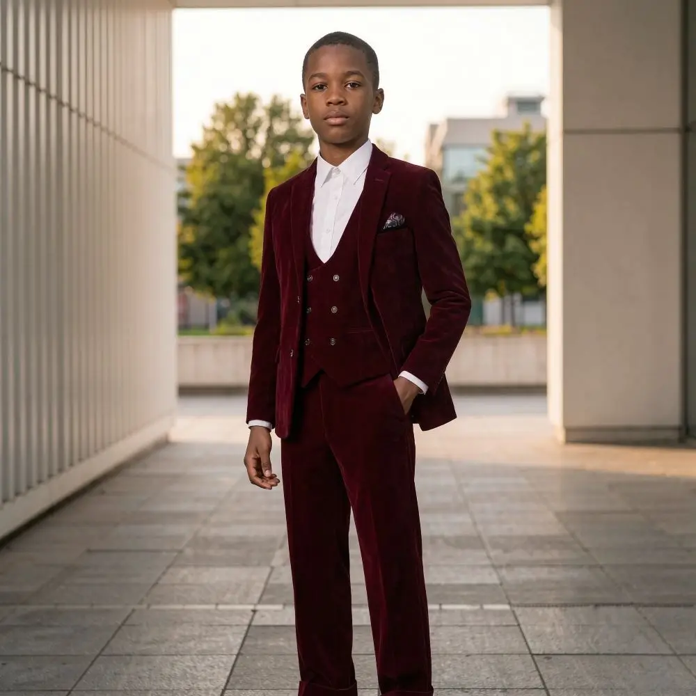 Velvet Slim Fit Boy Suits 3 Pieces Formal Elegant Shawl Lapel for Wedding Tuxedo Ceremonies Prom Nights Upscale Family Events