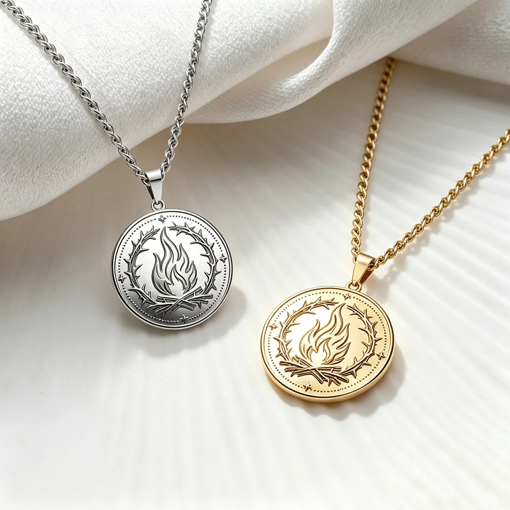 Men Women Thorn Wreath Flame Coin Pendant Necklace Stainless Steel Vintage Religious Amulet Sacred Fire Round Medal Jewelry