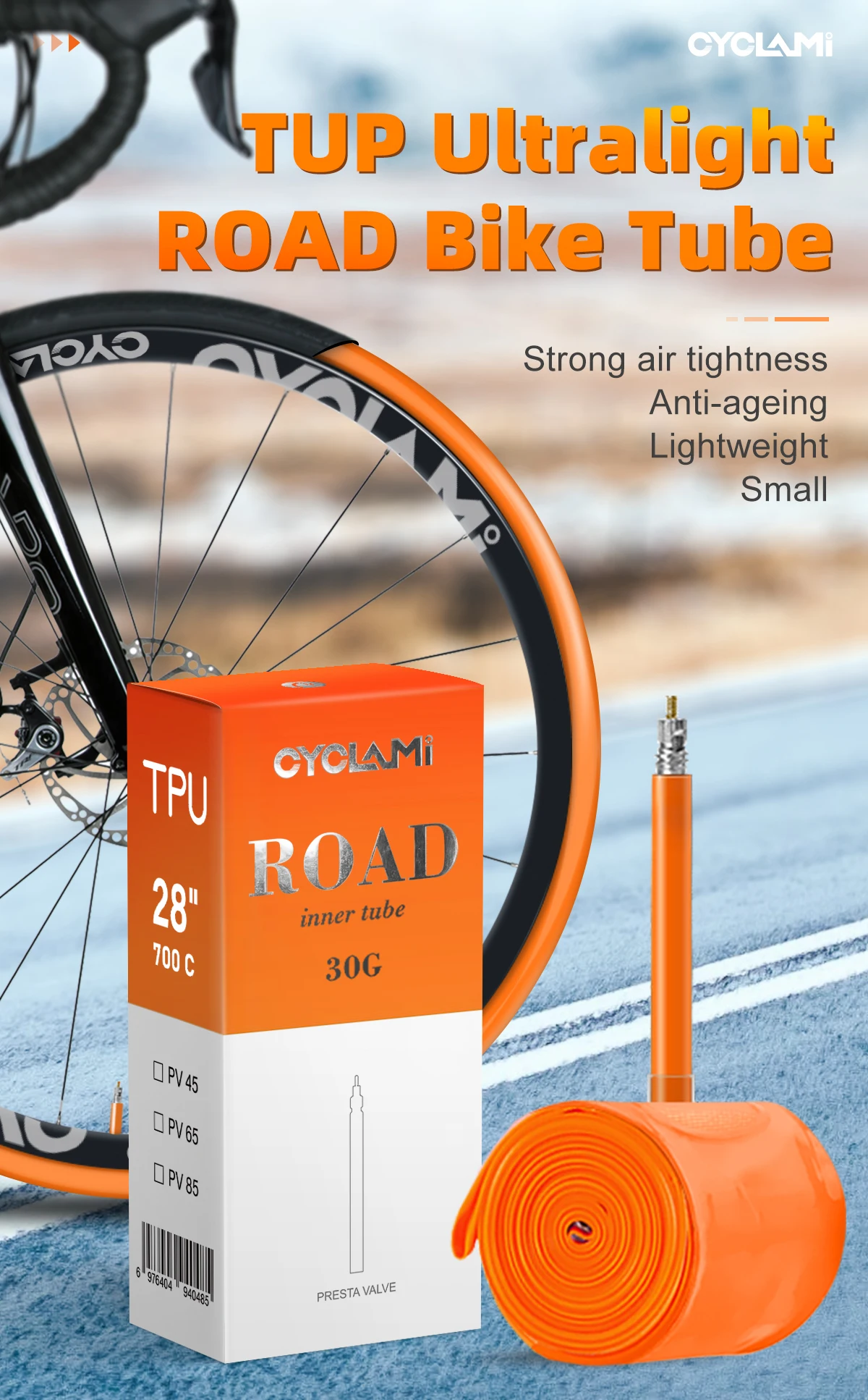 Neue Version CYCLAMI Ultraleichter TPU-Fahrradschlauch 700c 18 23 25 28 30 32c Rennrad 45mm 65mm 85mm Französisches Ventil Radsport – Detail 2