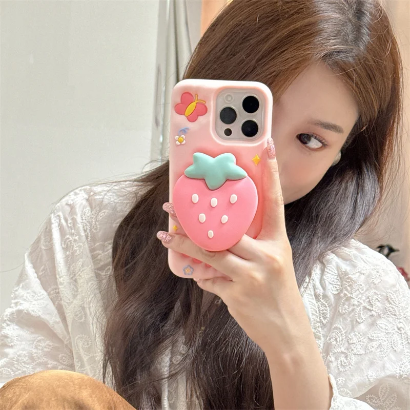 For iphone 16 pro max Pink strawberry fold bracket Soft Silicone Case for iphone 15 14 Plus 12 13 15 Pro Max 14pro Cute Patterns