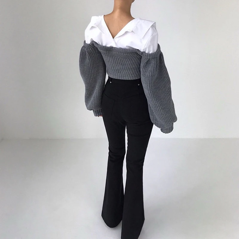 Maglione nero corto Moda donna Patchwork Pullover lavorato a maglia Maglieria coreana a maniche lunghe Autunno Inverno Maglioni dal design elegante