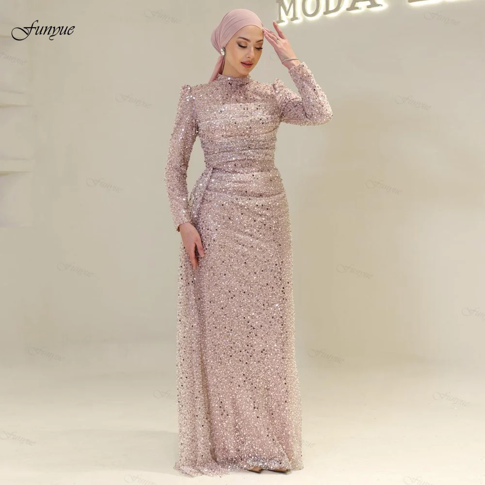 

Funyue А-силуэта Мусульманские платья для выпускного вечера цвета шампанского Элегантное вечернее платье из органзы с бисером и высоким воротом в Дубае Вечернее платье длиной до чая 2025