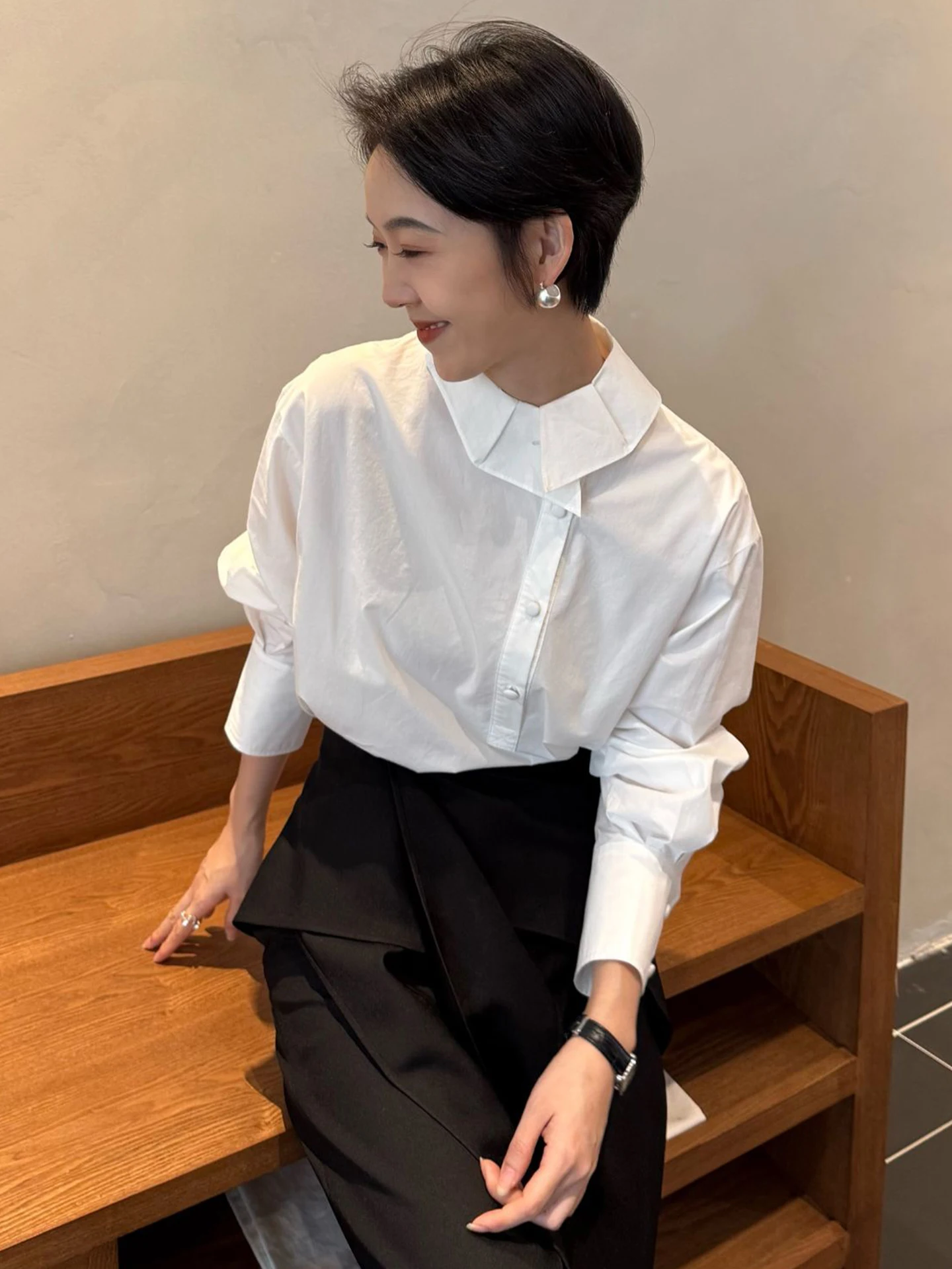 White Long Sleeve Shirt Women Early Autumn Layering Stand Collar Side Button Commute Versatile Design Top Cotton Pure Slimming