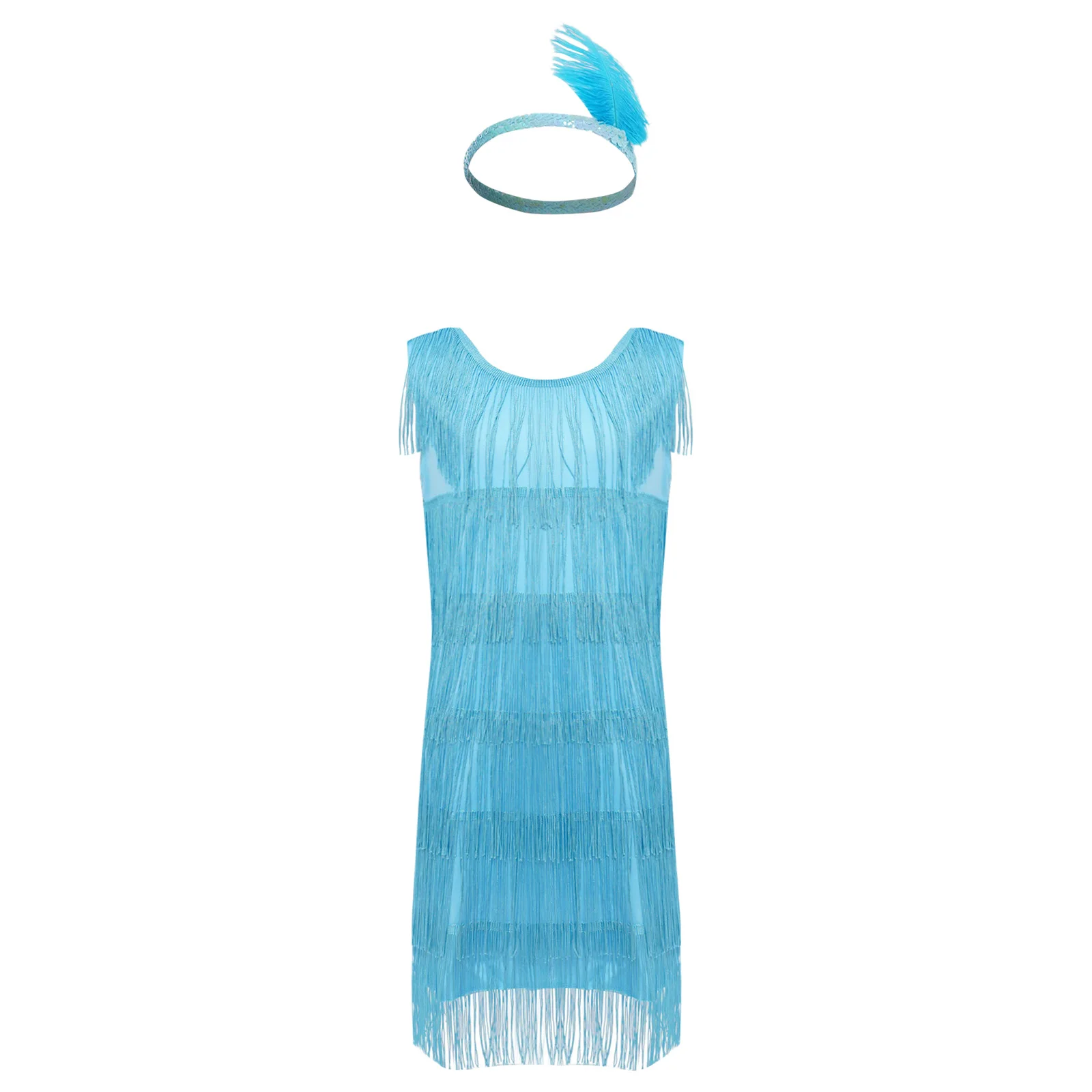 

Kids Girls Latin Dance Dress Sets Round Neck Sleeveless Tiered Tassels Dress with Feather Headwear for Performance