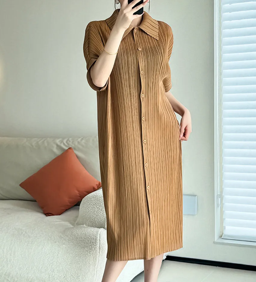 Fashion Miyake Pleated Women Single Breasted Shirt Dress 2024 New Summer Oversize Lapel Half Sleeve Loose Stretch Purple Dresses