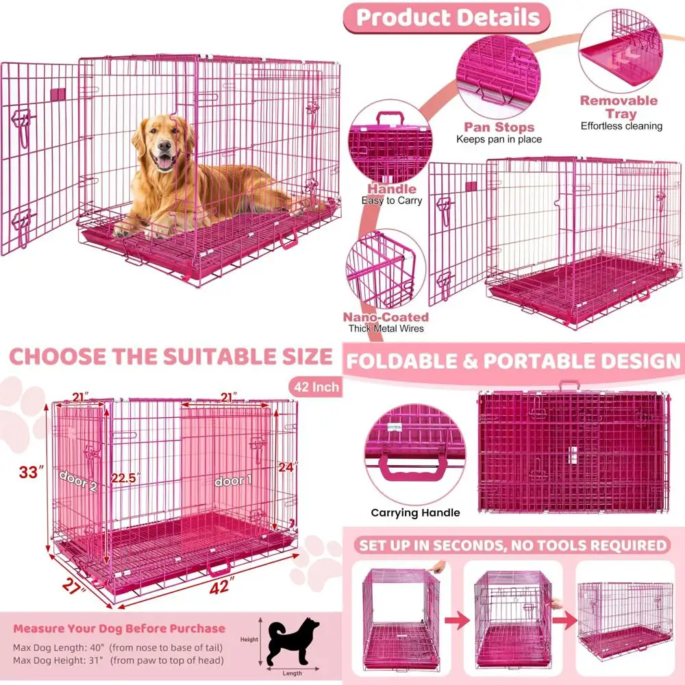 

Large Pink Homey Pet Dog Cage for XL Dogs, 42 Inch Collapsible Cute Dog Kennel with Nano-Coated Metal Wire