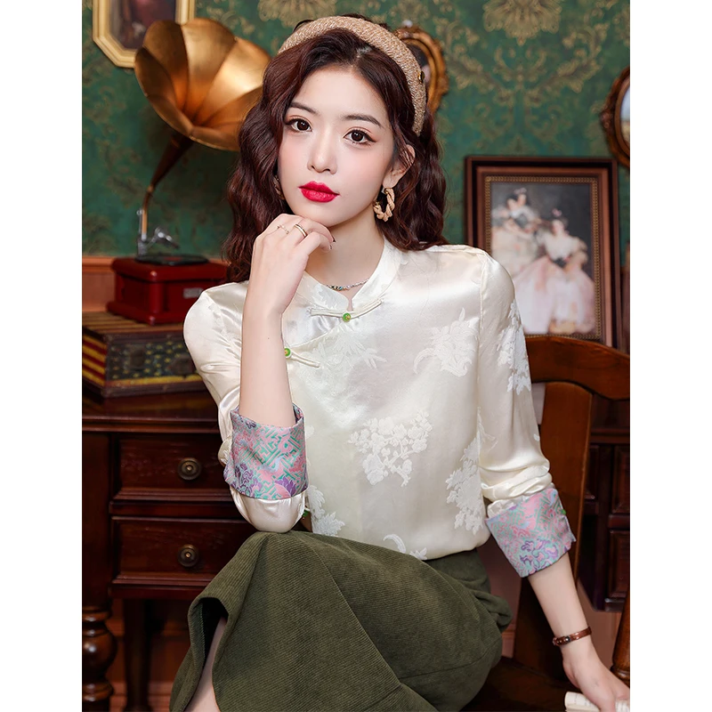 Fashion Long Sleeve Stand Collar Women Shirt Embroidery Chinese Style Shirt Blouse Women Tops  Blusas Mujer De Moda 2024 J822