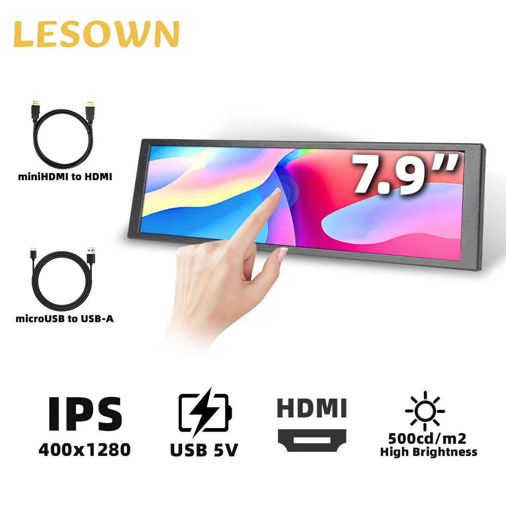 

LESOWN 6,9 7,9-дюймовый дополнительный баннерный монитор с сенсорным экраном 400x1280 IPS с растянутой планкой, аппаратный монитор в реальном времени для PS5