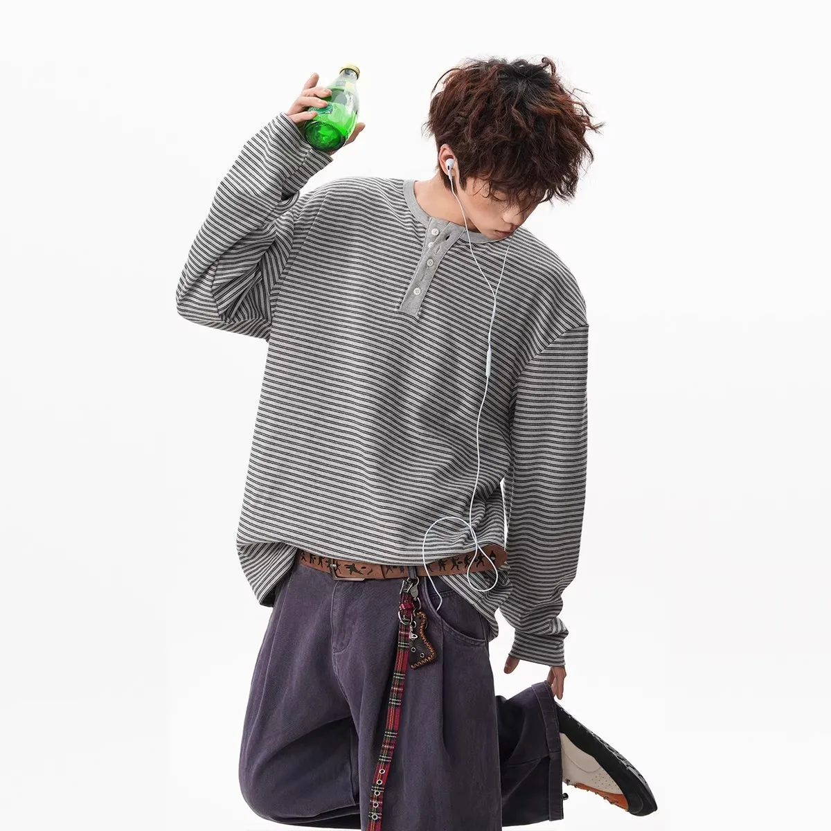 Spring New Retro Striped Henry Collar Long-sleeved Men's Loose And Relaxed Commuter Bottoming Shirt Sweater With T-shirt Inside