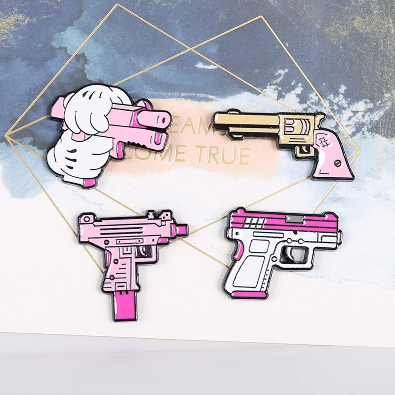 Pins Creative Cartoon Pink Pistol Brooch Girl Cute Japanese Cute Metal Small Pink Gun Revolver Badge