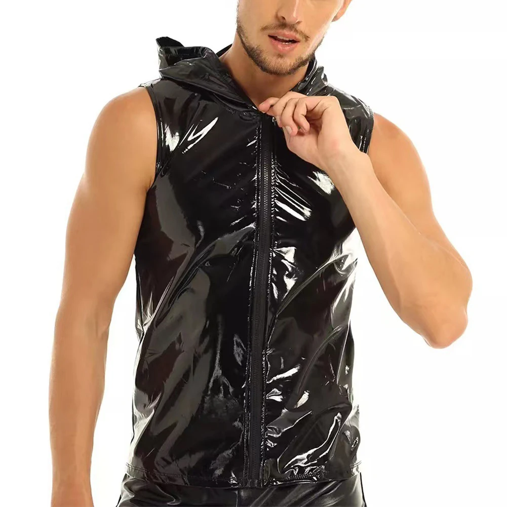 Brand New High Quality Top Men Blouse Clubwear Comfortable Durable Faux Leather Regular Sleeveless Solid Color